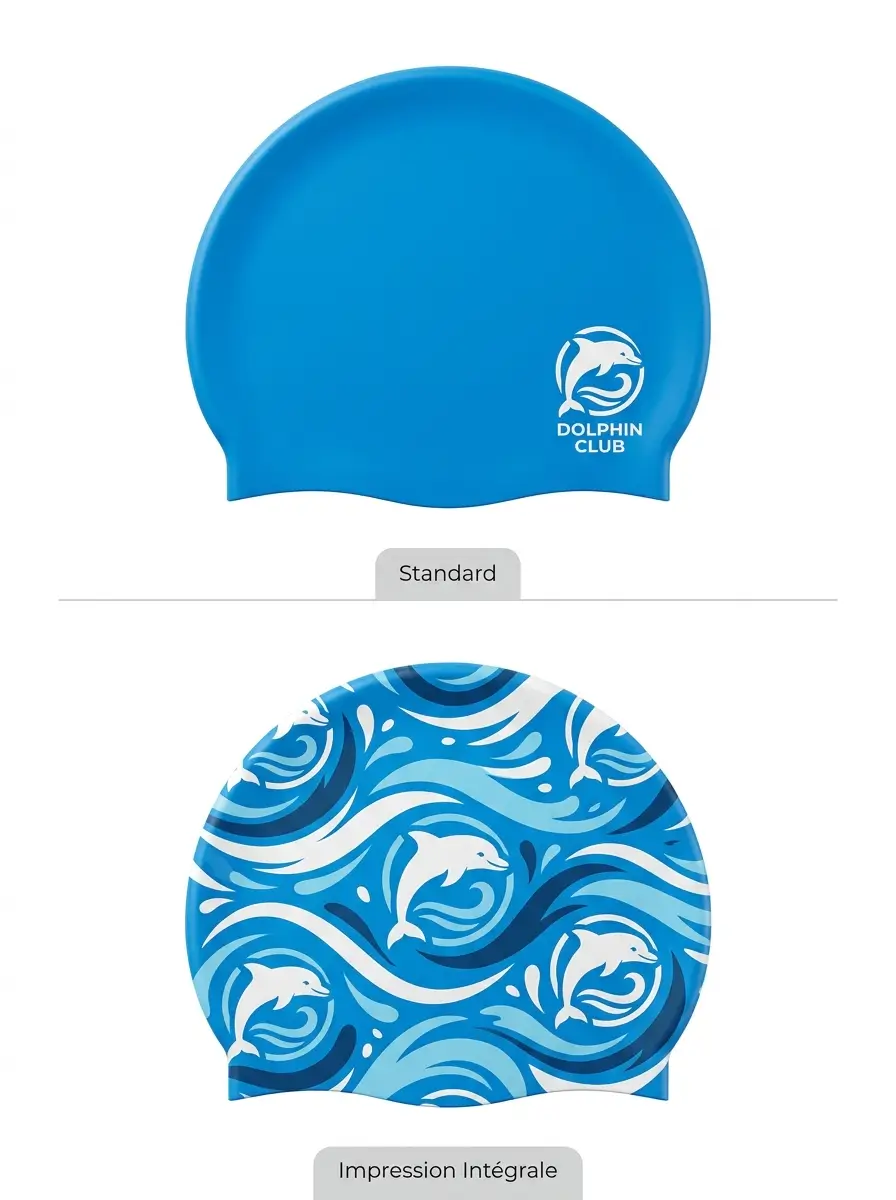 Avant-après : même logo de club en impression standard vs impression intégrale couvrant tout le bonnet