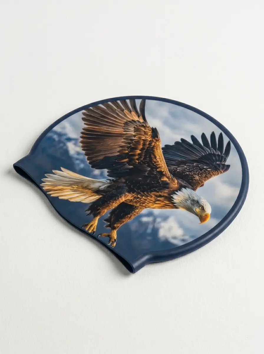 Bonnet de natation avec impression photo digitale montrant un aigle en vol sur silicone