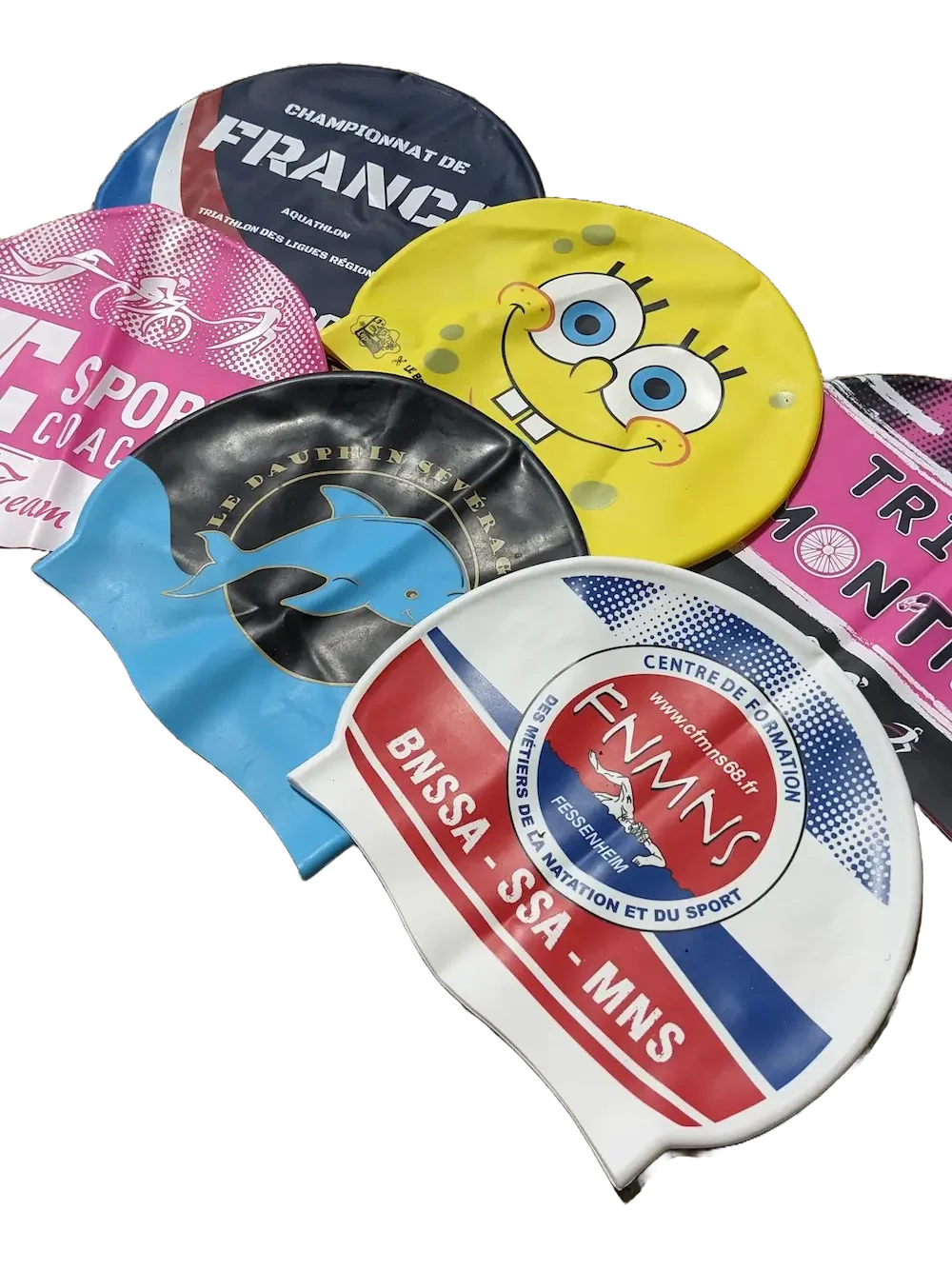 Bonnets de bain personnalisés en silicone imprimés pour clubs, championnats et triathlon.