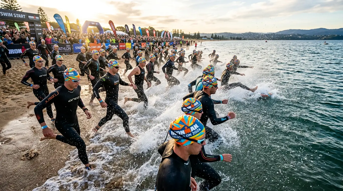 Bonnets de bain triathlon avec impression photo aux couleurs de l'événement