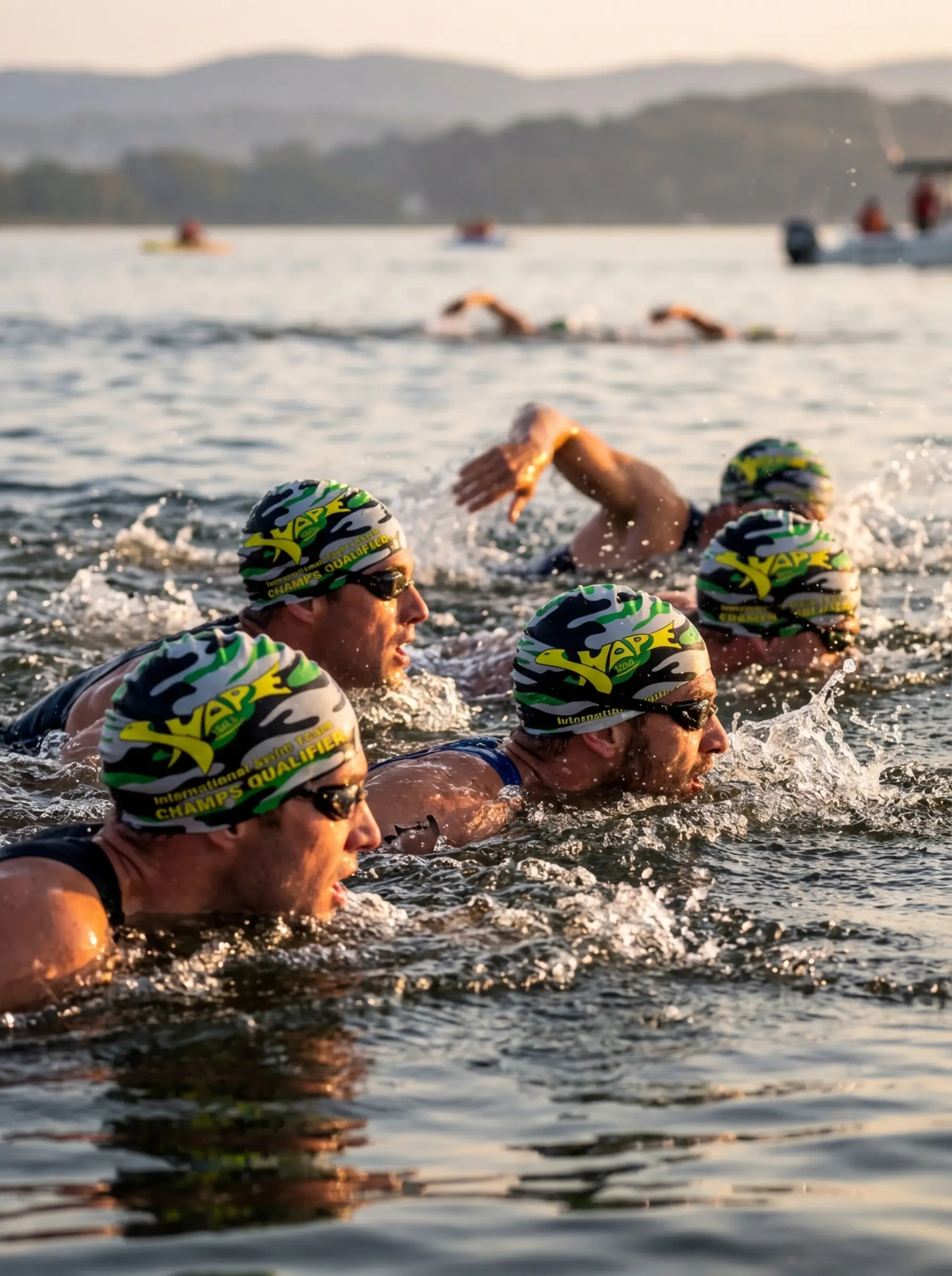 Cinq bonnets de bain fantaisie avec différents designs personnalisés pour triathlon