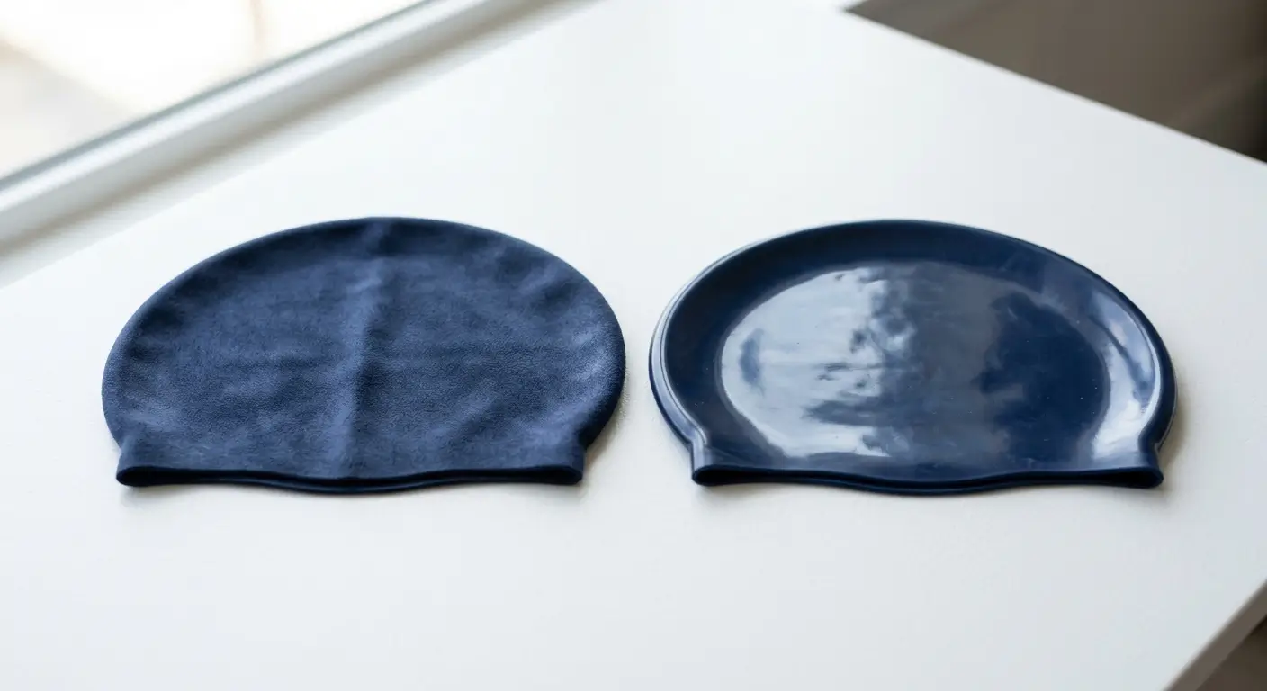 Comparaison entre un bonnet de bain silicone mat et un bonnet silicone brillant posés côte à côte