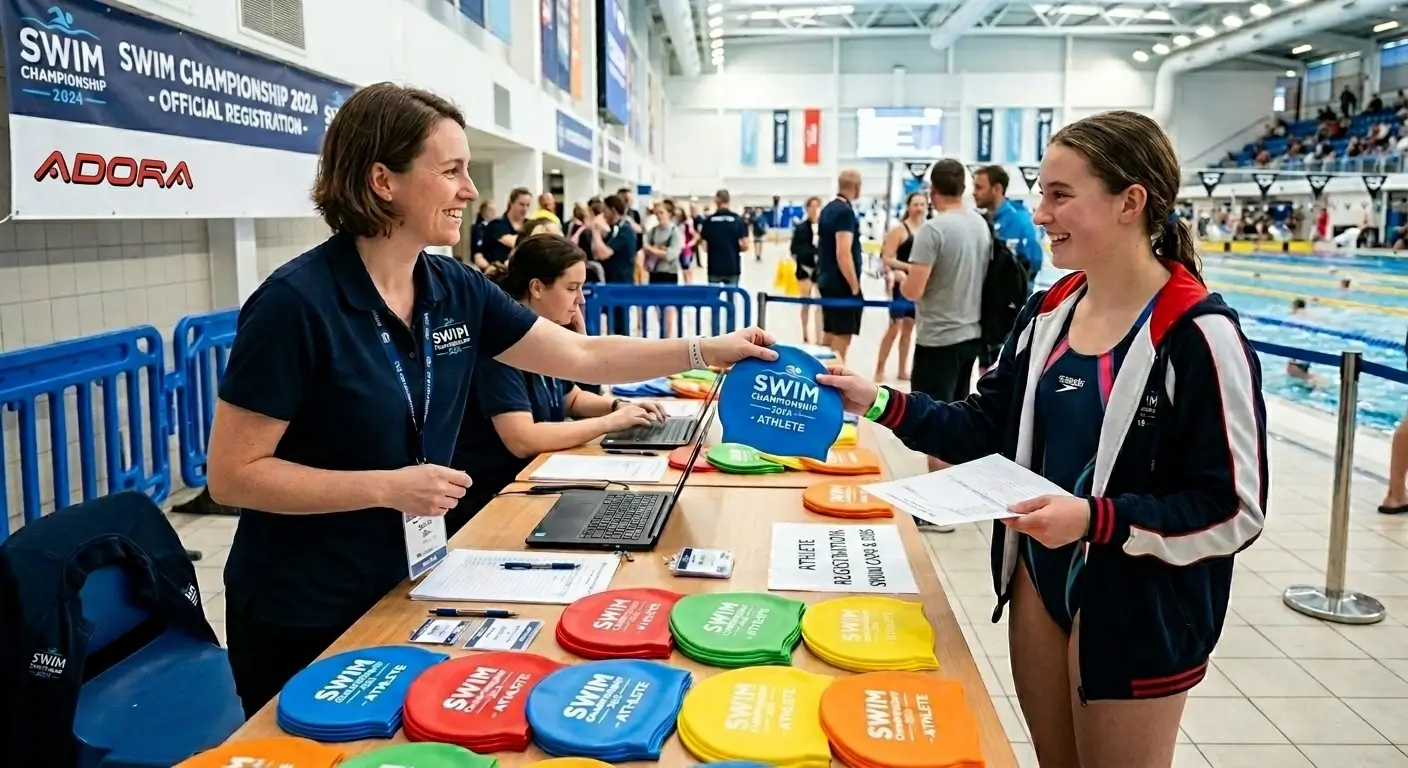 Distribution de bonnets de bain silicone volume personnalisés lors d'un événement de natation