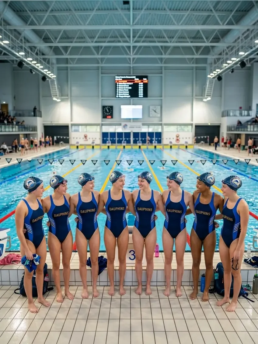 Équipe féminine de natation célébrant en bonnets de bain personnalisés aux couleurs du club