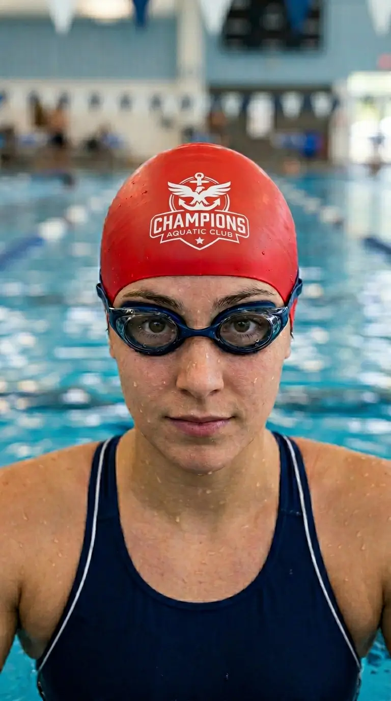 Vue frontale d'un nageur portant un bonnet de bain 3D Dome avec logo de club imprimé en face avant