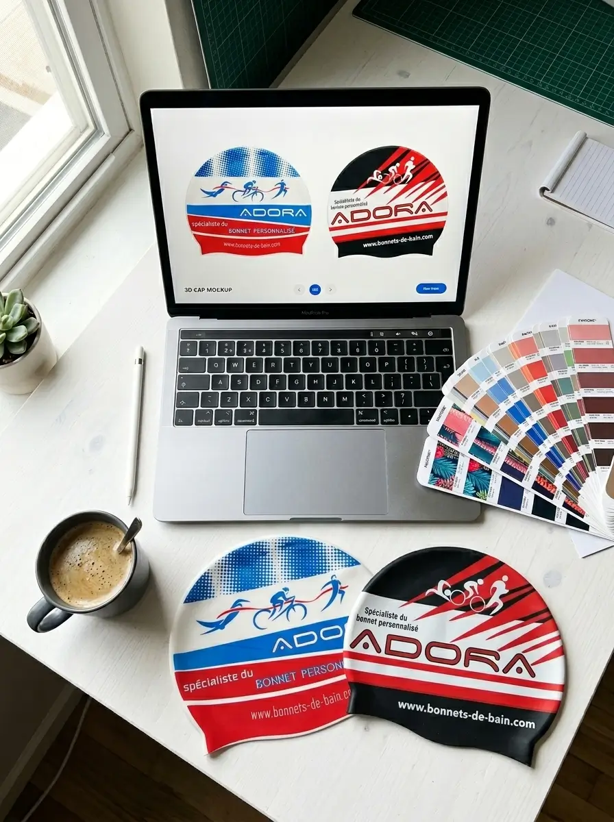 Vue plongeante sur un espace de travail avec maquettes de bonnets de bain originaux et échantillons de couleurs