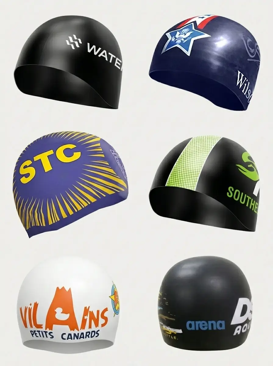 bonnets de bain en silicone Dome race personnalisés présentés sur fond blanc, affichant différents sponsors.