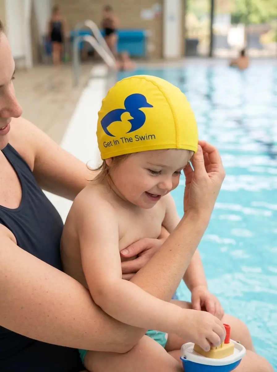 Bébé nageur portant un bonnet de bain en tissu polyester jaune, confortable et facile à enfiler