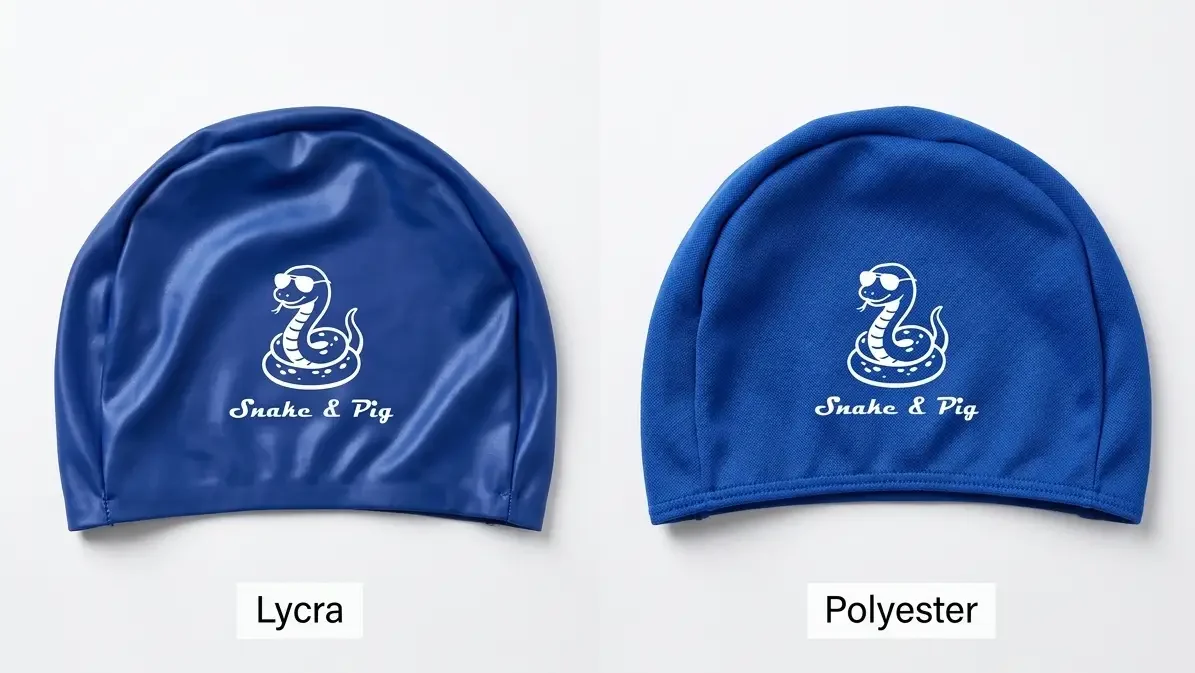 Comparaison visuelle entre un bonnet de bain en tissu polyester et un bonnet en silicone