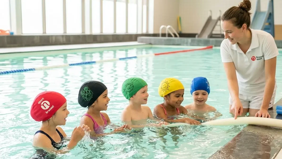 Cours de natation pour enfants avec bonnets de bain en tissu polyester de différentes couleurs par niveau
