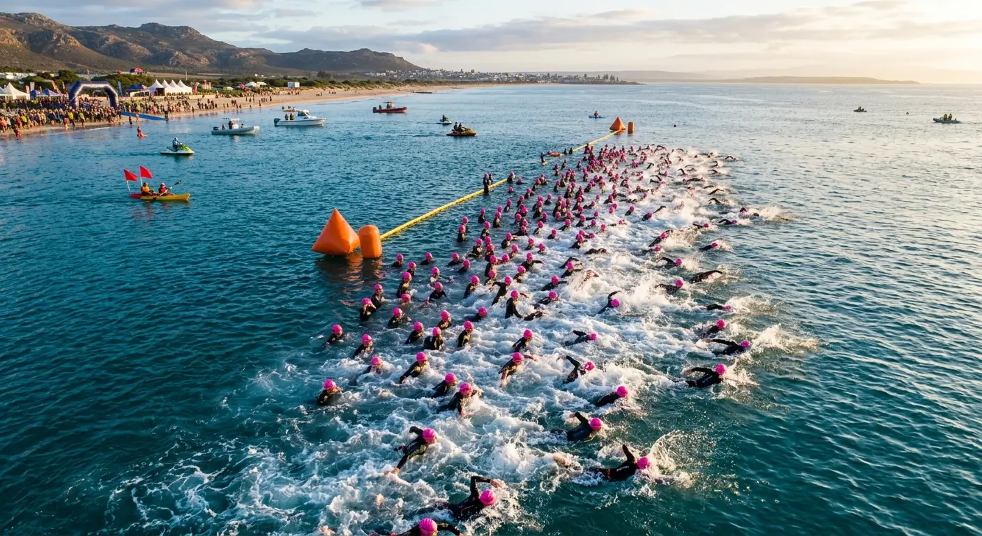 Départ de triathlon en eau libre vu du ciel avec bonnets de compétition rose fluo personnalisés