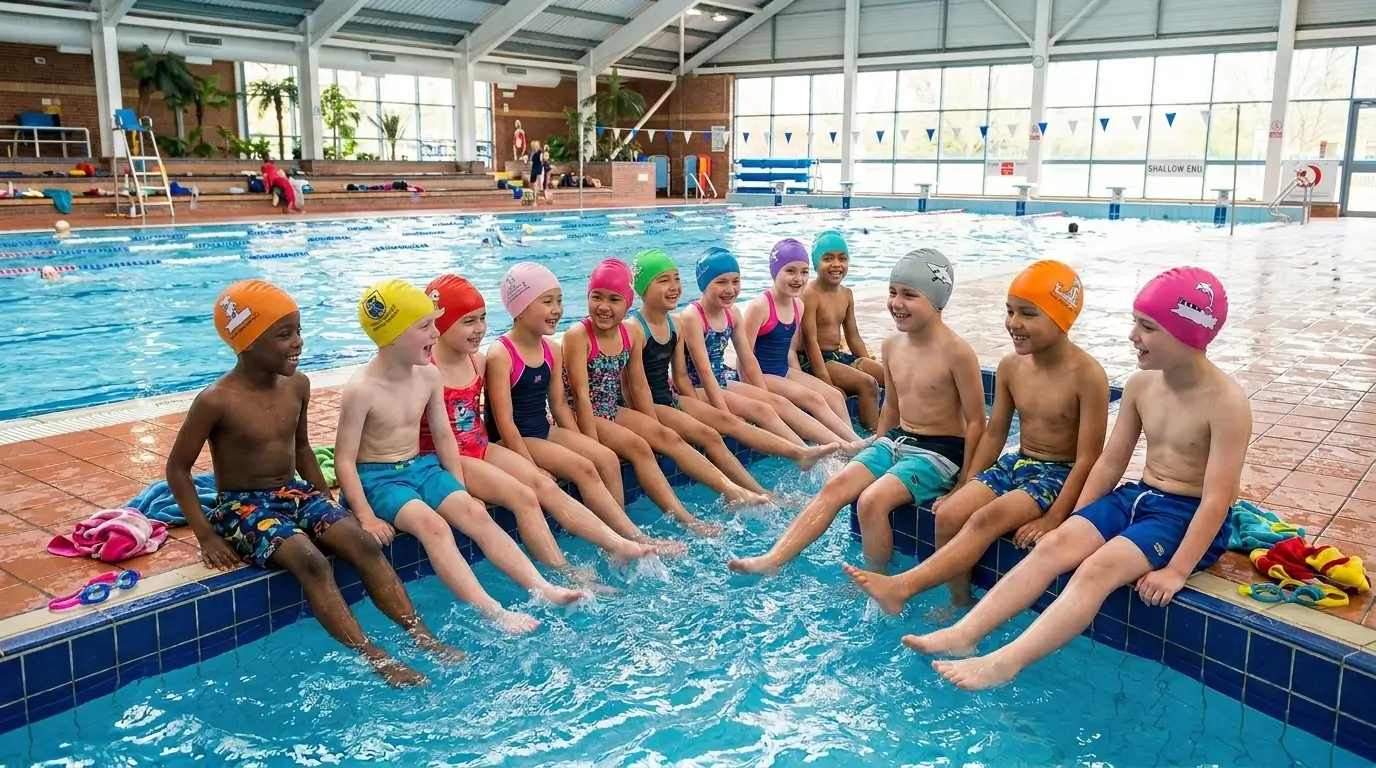 Élèves portant des bonnets de bain en latex jaunes personnalisés avec le logo de leur école