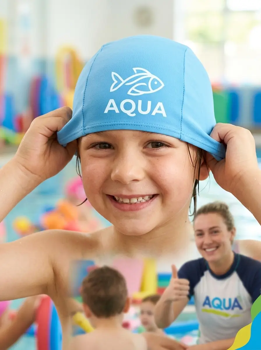 Nageur homme portant un bonnet de bain en tissu polyester noir personnalisé en piscine