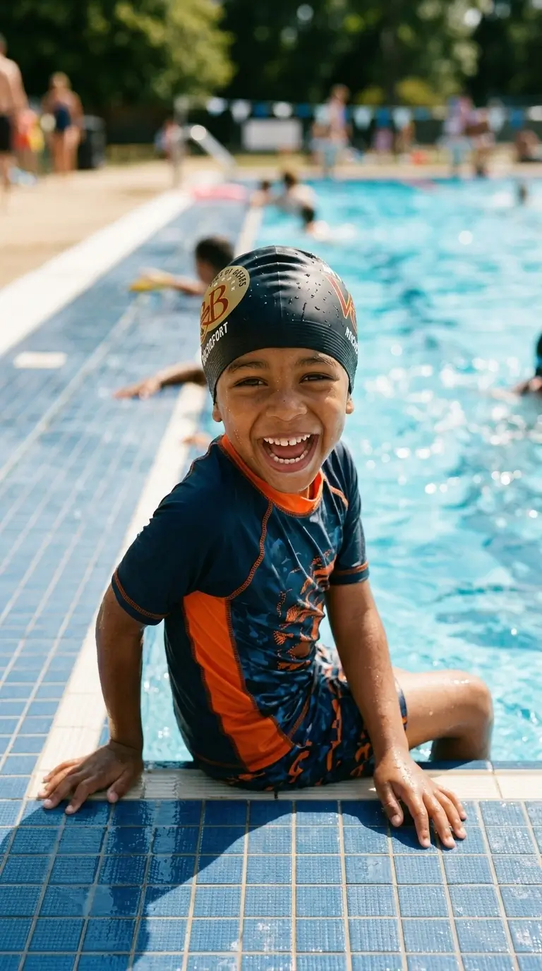 Enfant souriant portant un bonnet de bain en latex orange au bord de la piscine