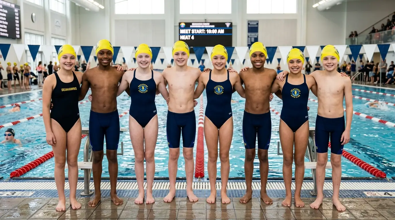 Équipe jeune de club de natation alignée au bord du bassin avec bonnets de compétition jaunes personnalisés