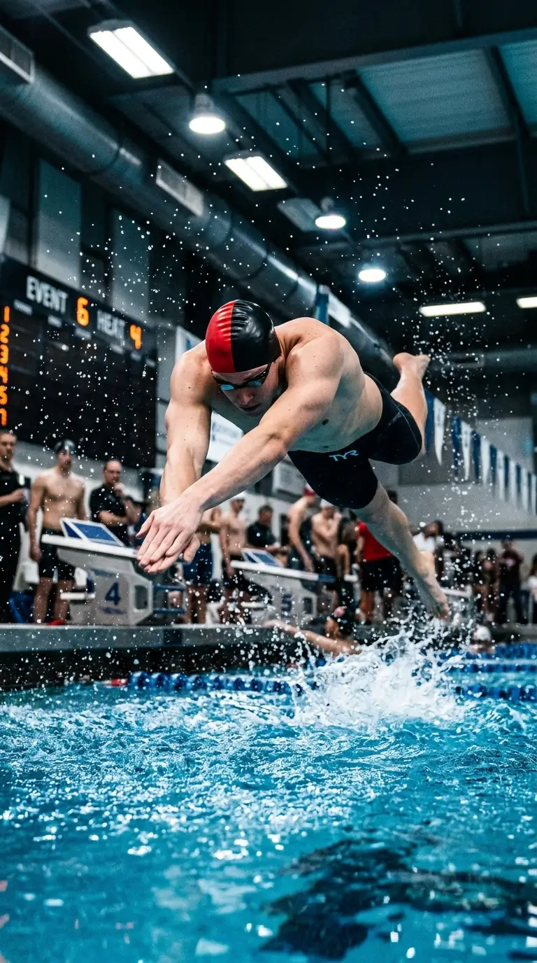 Nageur en compétition plongeant dans une piscine avec un bonnet de natation personnalisé bicolore rouge et noir en silicone