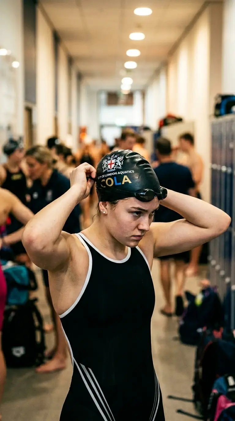 Nageuse concentrée enfilant son bonnet de bain compétition personnalisé avant la course