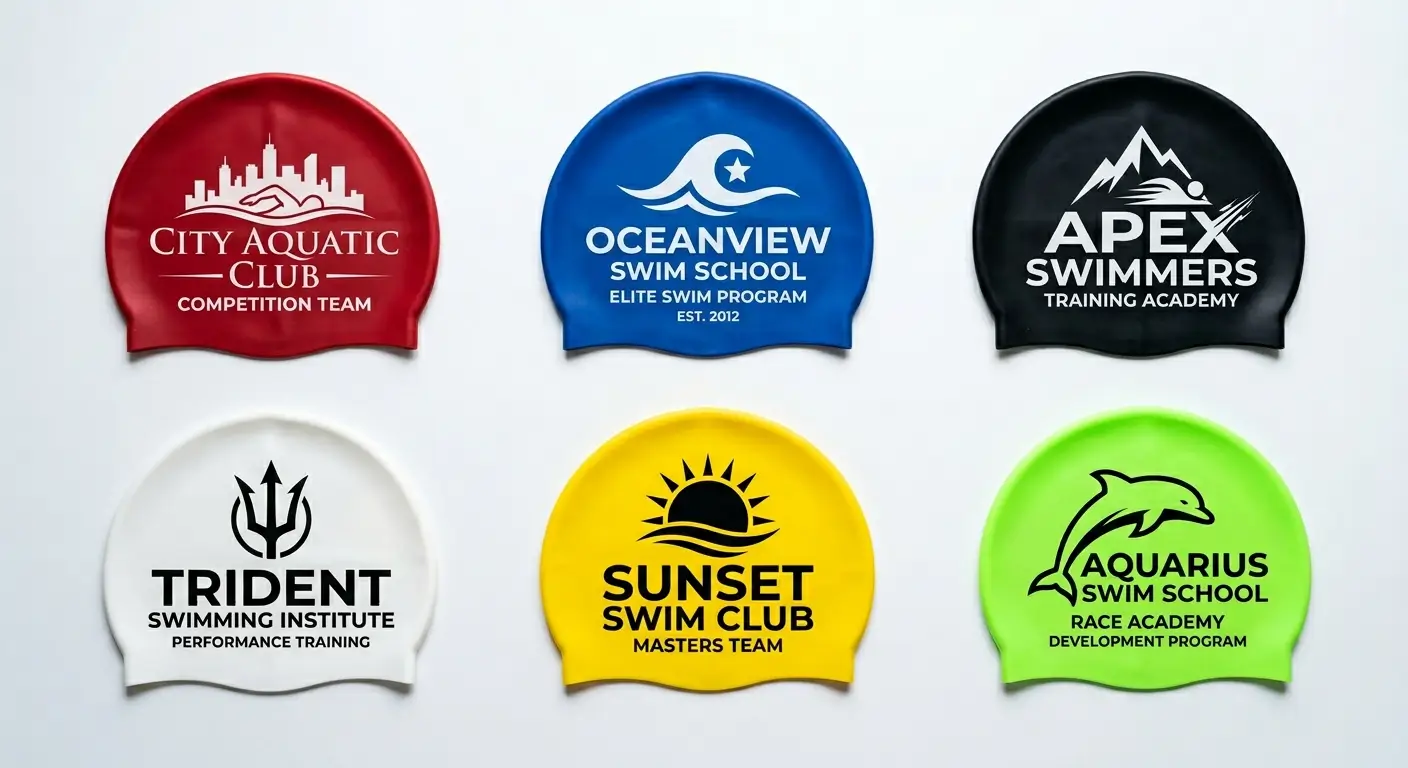 Six bonnets de bain compétition personnalisés de différentes couleurs disposés à plat