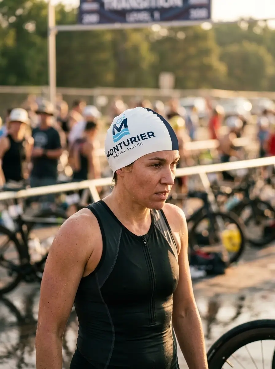 Triathlète enfilant un bonnet de natation bicolore jaune et noir personnalisé lors d'une compétition de triathlon