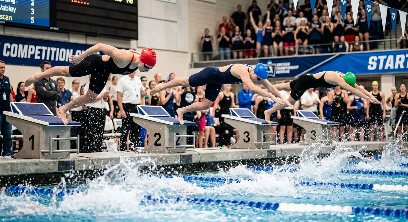 Trois nageurs en plein plongeon de départ avec bonnets de bain compétition colorés