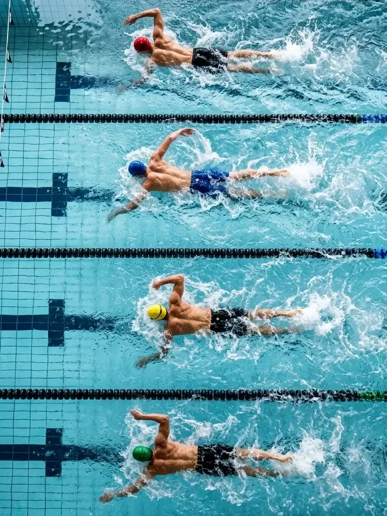 Vue aérienne de nageurs en compétition portant des bonnets de bain en latex de différentes couleurs