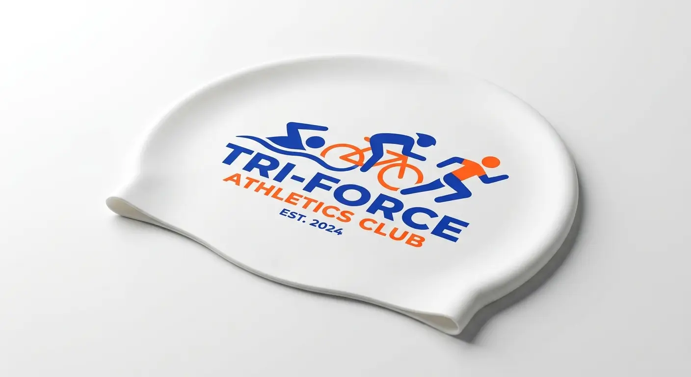 Bonnet de bain en silicone personnalisé avec le logo d'un club de triathlon, couleurs vives sur fond blanc