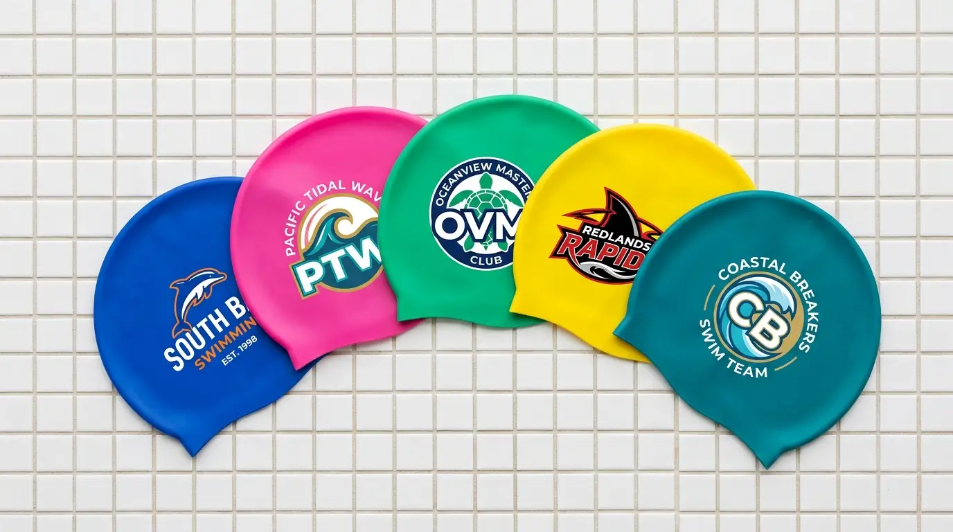 Bonnets de bain personnalisés en silicone avec logos de clubs, posés sur du carrelage de piscine