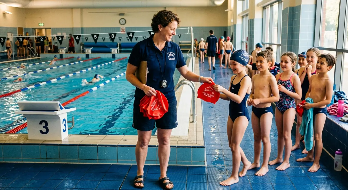 Coordinatrice de club de natation distribuant des bonnets en silicone rouges à ses nageurs au bord du bassin
