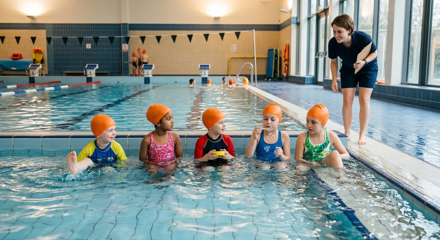Enfants en cours de natation portant des bonnets en silicone jaunes, matière recommandée pour les peaux sensibles et les allergies au latex
