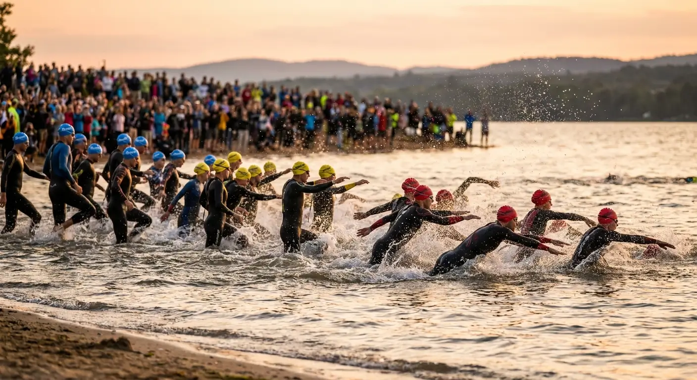 Départ de nage en eau libre lors d'un triathlon, triathlètes portant des bonnets de bain personnalisés par vague colorée