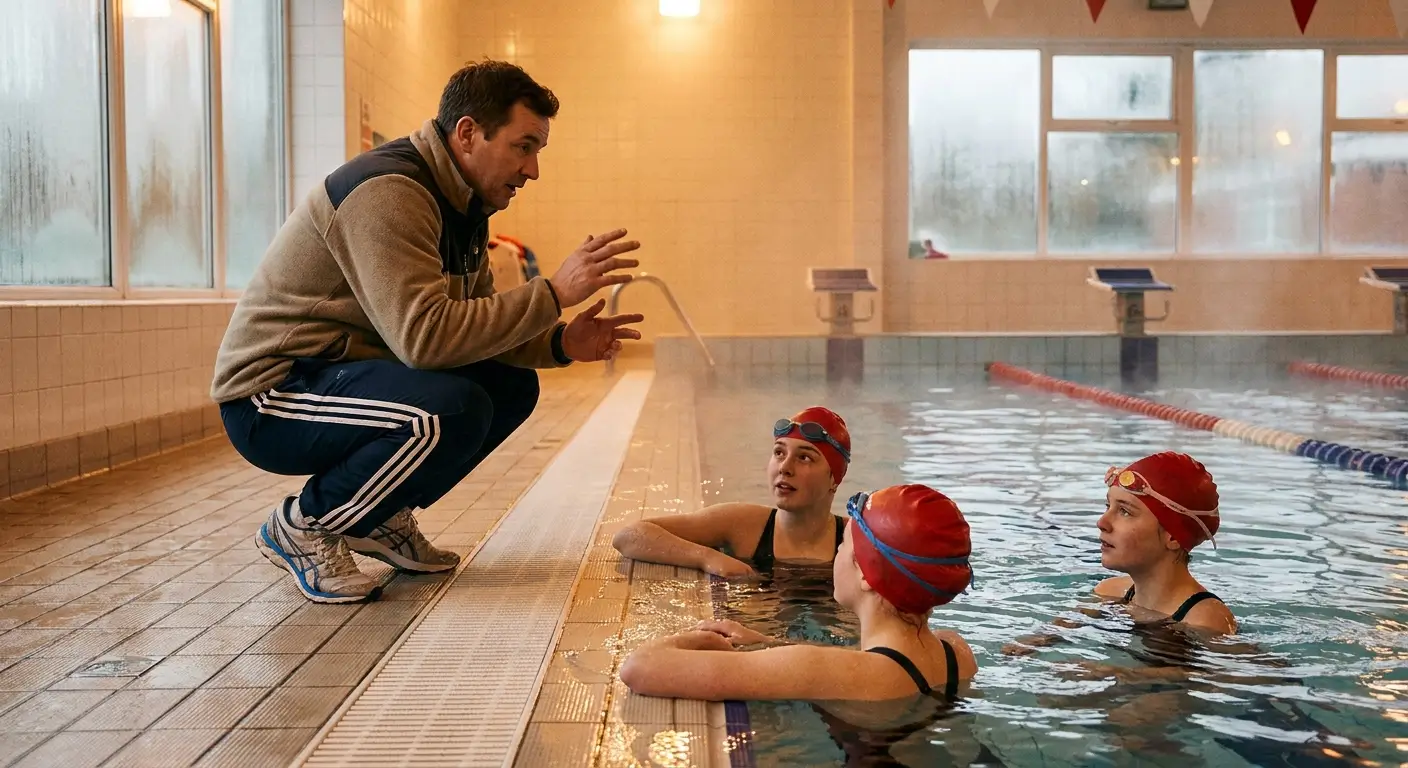 Entraîneur de natation avec trois jeunes nageurs en bonnets de bain rouges assortis au bord du bassin