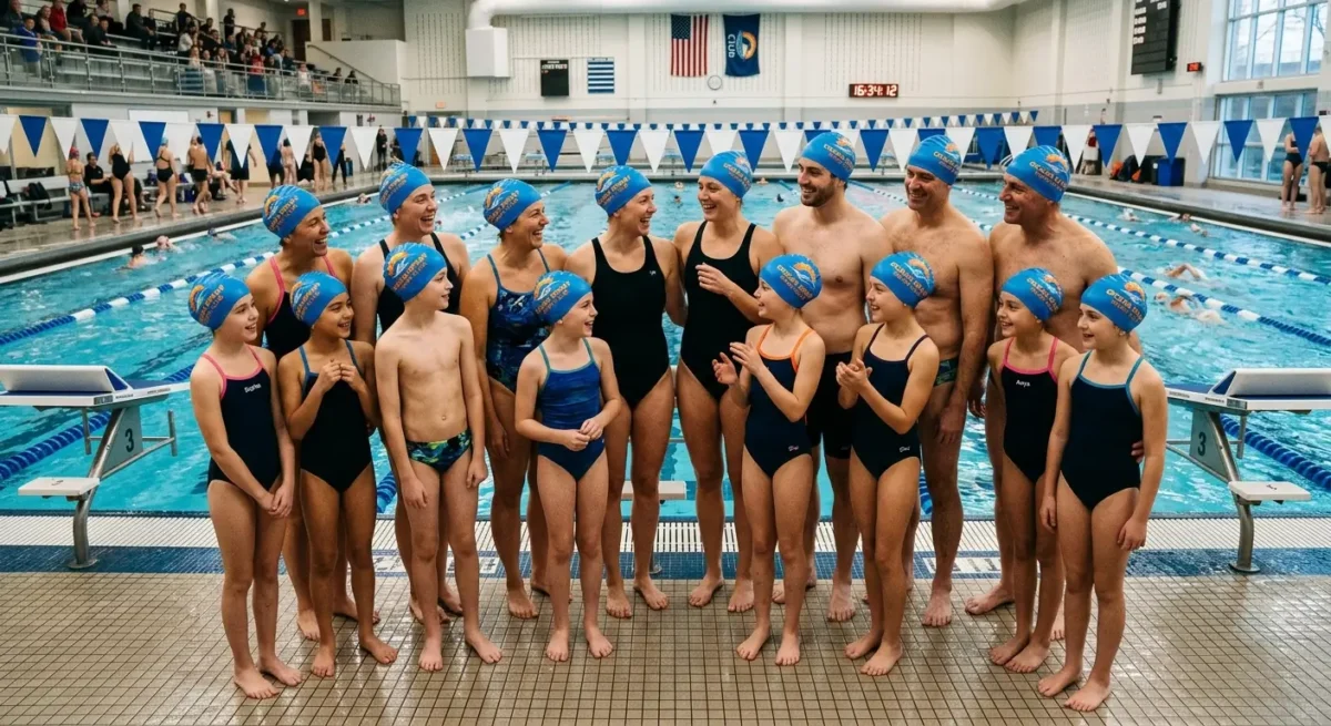 Équipe de club de natation avec bonnets de bain personnalisés au bord d'un bassin intérieur