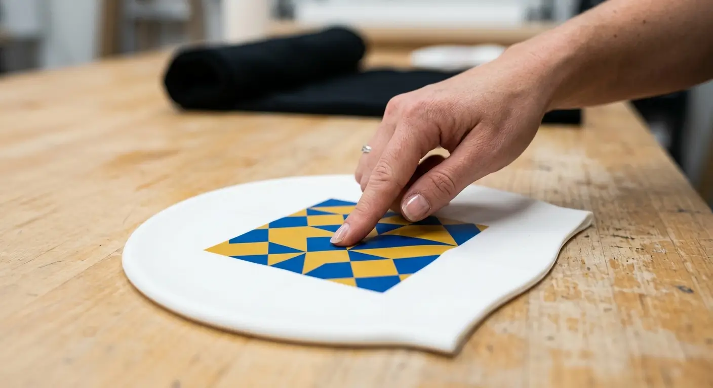 Inspection du détail d'impression sur bonnet de bain en silicone, motif géométrique deux couleurs