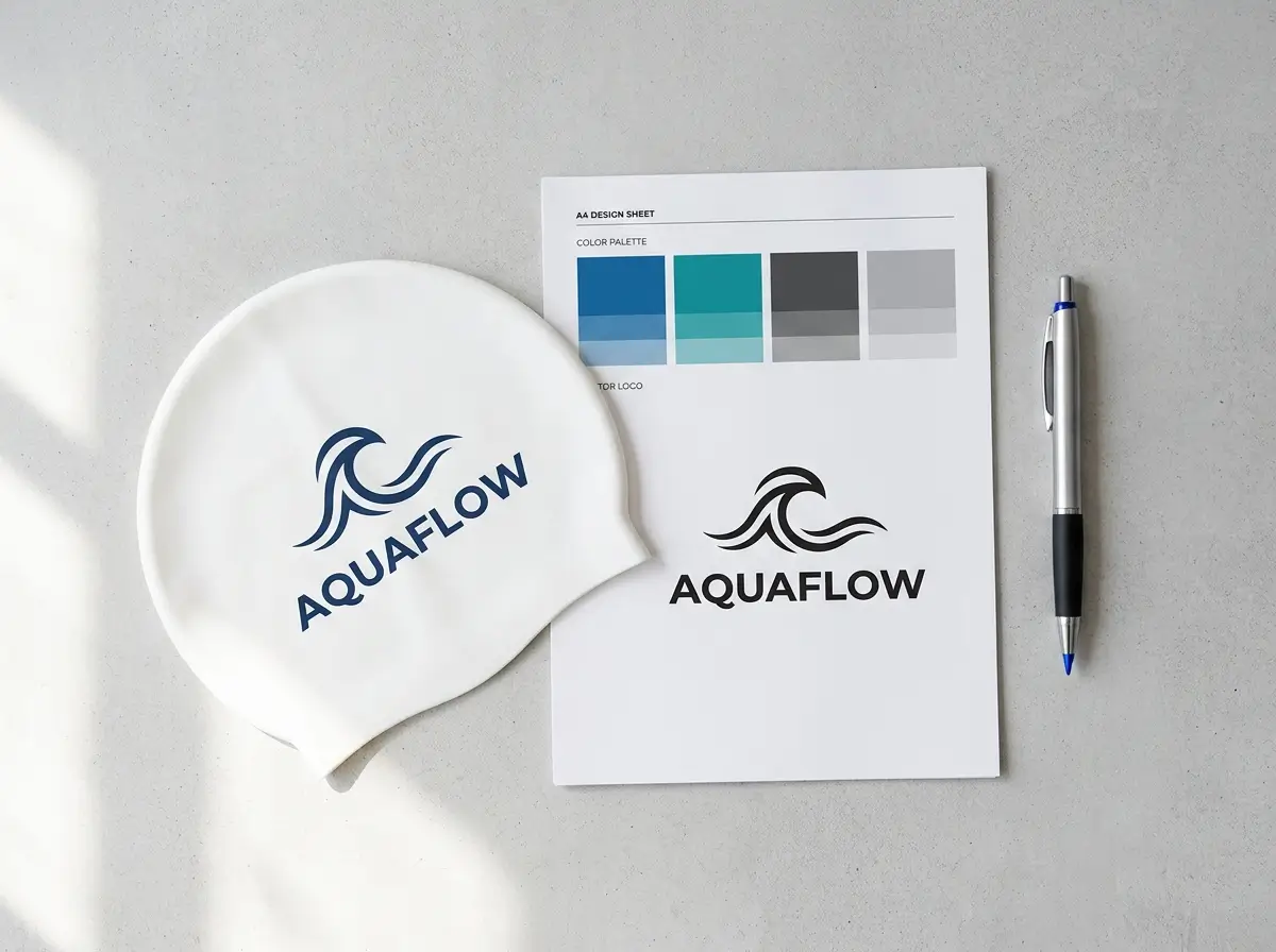 Mise en page du processus de personnalisation d'un bonnet de bain triathlon avec fichier logo et fiche technique couleurs