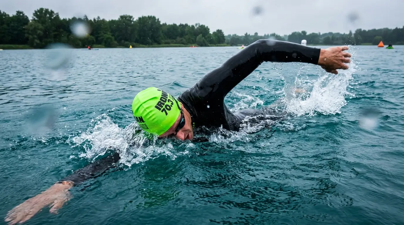 Triathlète en nage en eau libre portant un bonnet de bain personnalisé vert fluo, visible depuis le bord