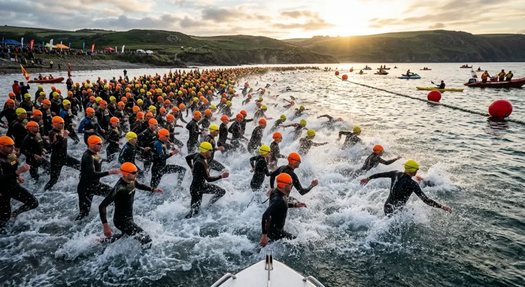 Triathlètes portant des bonnets en silicone orange au départ d'une épreuve en eau libre, matériau sans risque allergique pour les compétitions