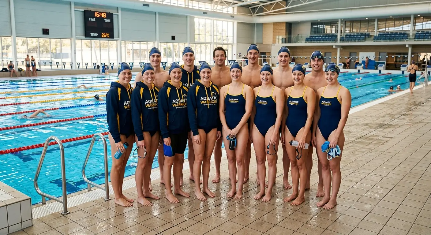 Équipe de club de natation portant des bonnets de bain personnalisés aux couleurs du club