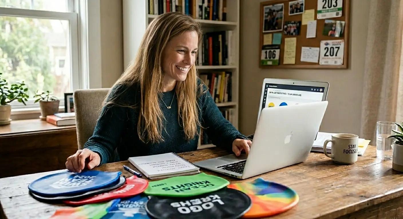 Virginie Horward, propriétaire d'Adora, préparant un devis de bonnets de bain personnalisés