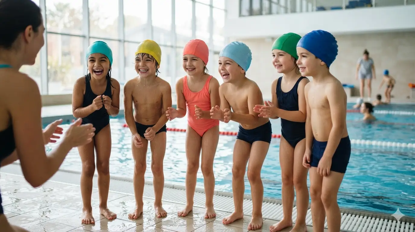Bonnets de bain personnalisés colorés portés par des enfants en école de natation